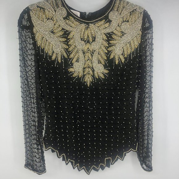 Laurence Kazar Beaded Blouse Top Metallic Medium - Picture 1 of 8